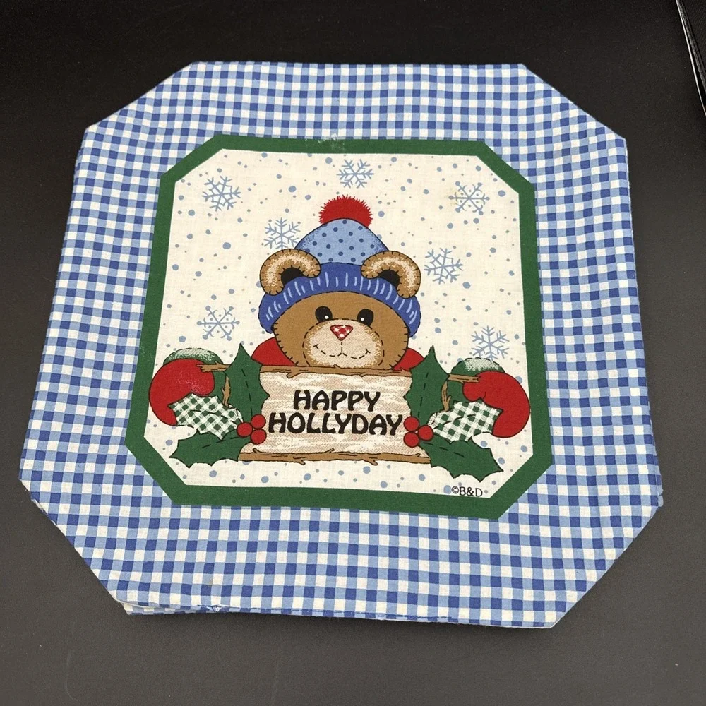 Vintage Quilted Placemats (4) Bear Blue Border B&D Cottage Core Christmas